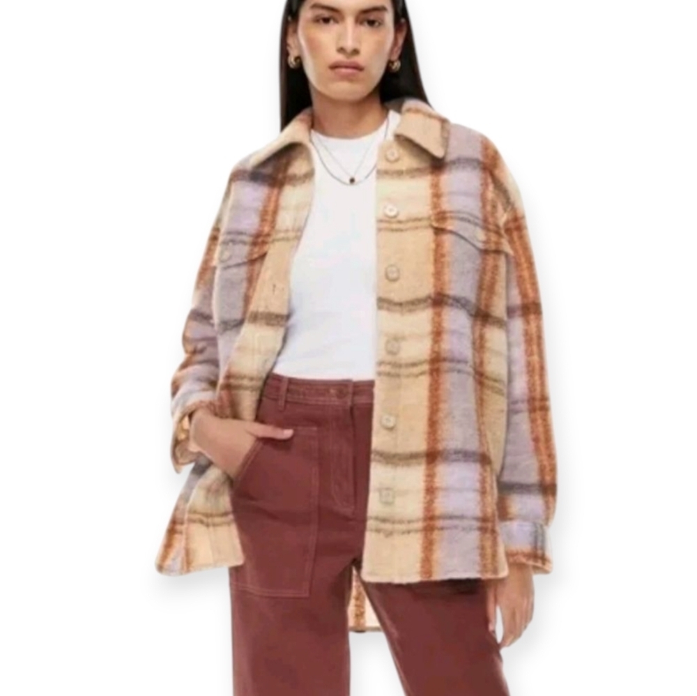 Aritzia Wilfred Ganna Plaid Wool Shacket Jacket Tan Cream Purple 2XS